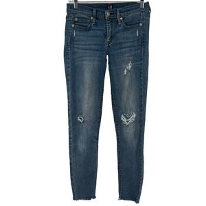 Gap 1969 Jeans 26 R Authentic True Skinny Blue Distressed Stretch Raw Hem READ‎